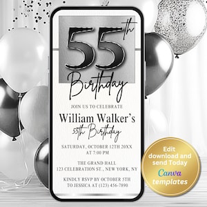 Digital 55th Birthday Party Invitation for Men, Minimalist Invite, 55th Invitation, Editable Template, Instant Download, Birthday Invite