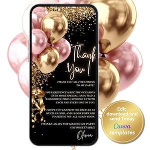 Black Gold Pink Thank You Card, Editable Digital Birthday Thank You Template, Electronic Thank You Message, Instant Download