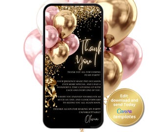 Tarjeta de agradecimiento con globos negros, dorados y rosas, plantilla editable (descarga digital)