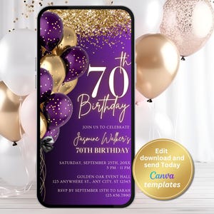 70th Birthday Invitation for Women - Purple Gold Digital Invite - Editable for Any Age - Text Message Template - Instant Download