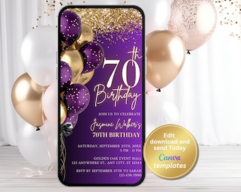 以下が含まれることがあります： スマートフォンに表示された70歳の誕生日のお祝いのデジタル招待状。デザインは、風船と紙吹雪を使った紫と金の配色です。招待状にはイベントの詳細と「Edit download and send Today Canva templates」というテキストが含まれています。