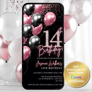 Digitale Einladung zur 14. Geburtstag für Mädchen, Rosegold einladen, Telefon-Textnachricht, digitale Einladung, bearbeitbare Vorlage, Sofort-Download