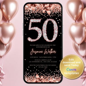 Digital 50th Birthday Party Invitation, Rose Gold Invite, Phone Text Message, Digital Invite, Editable Template, Instant Download