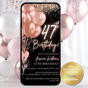 Rose Gold 47th Birthday Invitation: Elegant Dinner, Brunch Evite (Digital Download, Editable Canva Template)