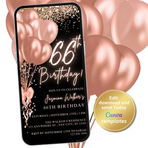 Invito digitale alla festa del 66° compleanno, Oro rosa nero, Messaggio di testo telefonico Evita, Modello modificabile, Download istantaneo