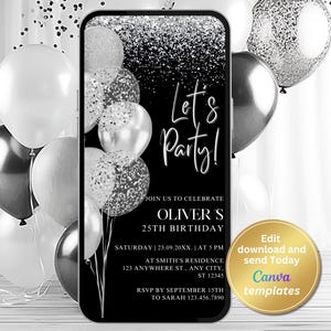Faire-part d'anniversaire noir et argent - Faire-part de fête modifiable de ballons argentés avec des touches de paillettes - Dîner d'anniversaire et fête - Pour tous les âges
