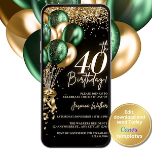 Invito per festa di compleanno del 40° compleanno verde smeraldo e oro / Invito digitale tramite messaggio di testo telefonico / Modello modificabile, download immediato