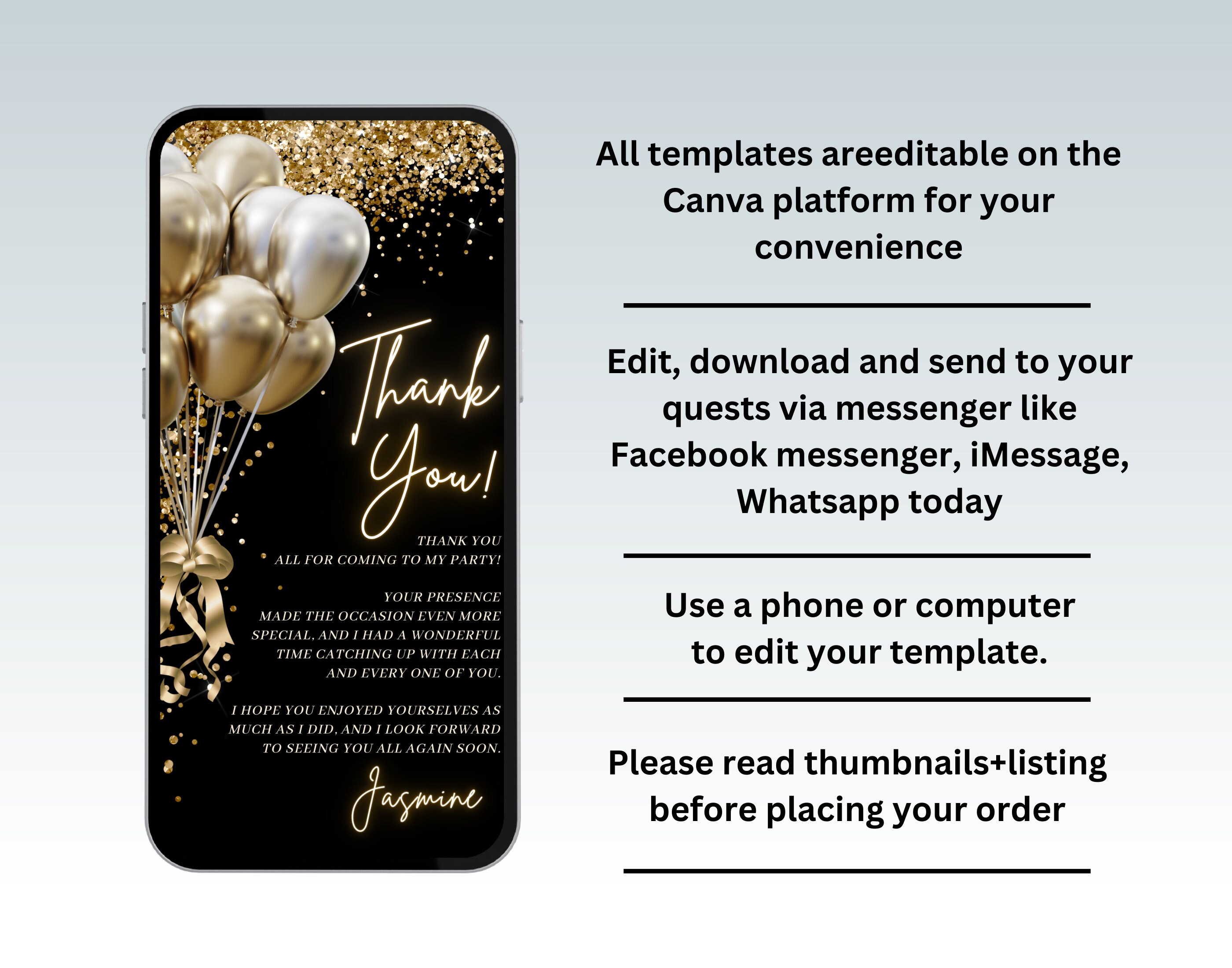 Black and Gold Balloons Birthday Thank You Card, Editable Template ...