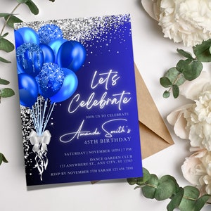 Invitación editable a fiesta de cumpleaños azul real, invitación imprimible 5x7, Evite, plantilla editable, descarga instantánea