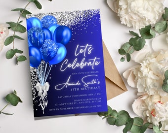 Editable Royal Blue Birthday Party Invitation, Printable 5x7 Invitation, Evite, Editable Template, Instant Download