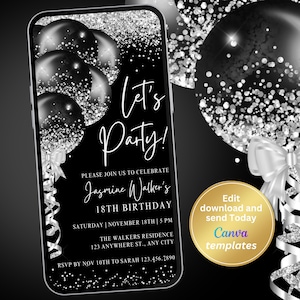 Digital Black Birthday Party Invitation, Silver Glitter Invite, Phone Text Message, Digital Invite, Editable Template, Instant Download