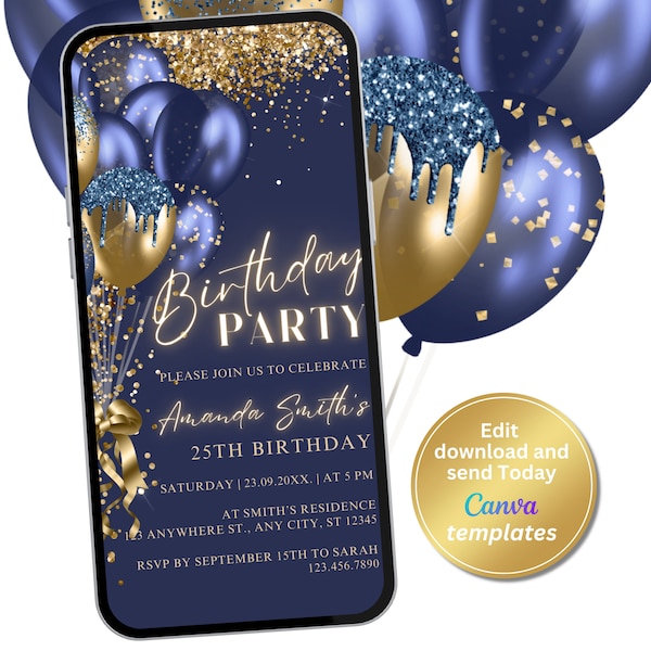 Digital Navy Gold Birthday Party Invitation, Electronic Invite, Phone Text Message Evite, Editable Template, Instant Download