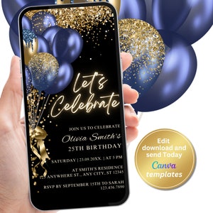 Convite digital para festa de aniversário em ouro marinho preto, ouro azul marinho, mensagem de texto de telefone Evite, modelo editável, download instantâneo
