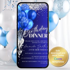 Digital Royal Blue Birthday Dinner Invitation, Dinner Party, Phone Text Message Evite, Editable Template, Instant Download