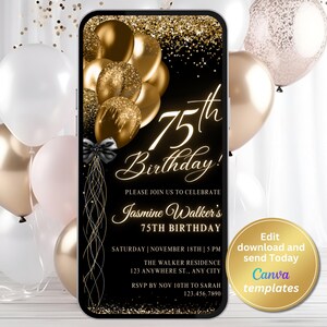 Digital Black Gold 75. Geburtstagseinladung, Frauengeburtstag, Telefontextnachricht, digitale Einladung, bearbeitbare Vorlage, Sofort-Download