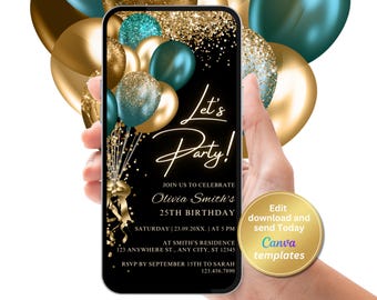 Digital Black Teal Gold Birthday Party Invitation, Phone Text Message Evite, Editable Template, Instant Download