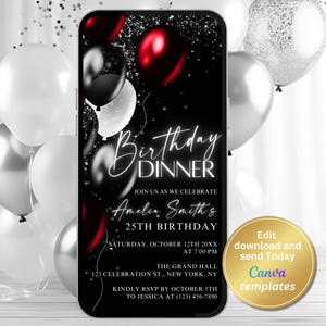 Invito digitale per cena di compleanno nero rosso, invito per cena, invito tramite messaggio di testo telefonico, modello modificabile, download immediato