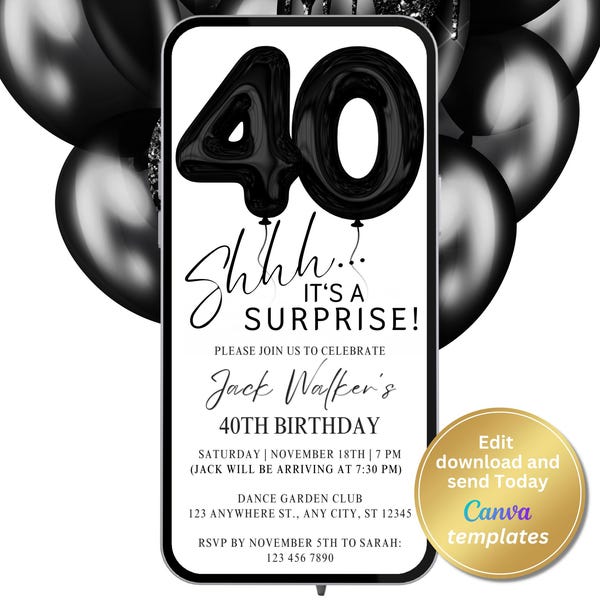 Surprise 40th Birthday Invitation - Black and White Modern Minimalist Design - For Men or Women, Digital Instant Download