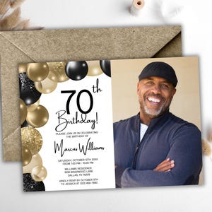 Faire-part 70e anniversaire pour homme avec photo - ballons noirs et dorés - invitation modifiable pour tout âge, brunch ou dîner, numérique ou imprimable 7 x 5 po.