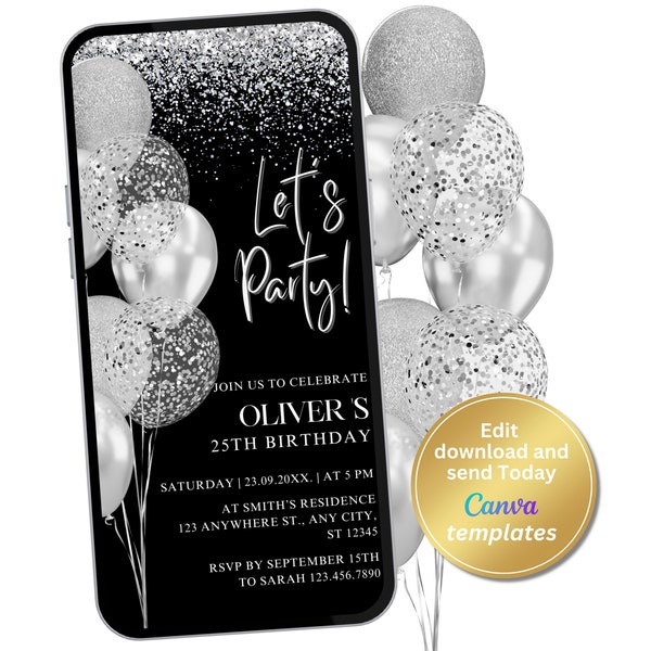 Digital Black Silver Glitter Birthday Party Invitation, Glitter Invitation, Editable Template, Evite, Instant Download, Phone Evite