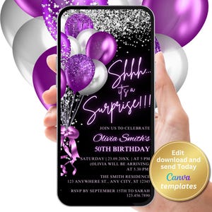 Digital Surprise Birthday Invitation, Shhh It&#39;s a Surprise Digital Invitation, Surprise Party Invite, Editable Template in Silver and Purple