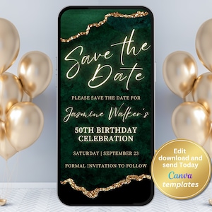 Bearbeitbare Smaragdgrün Gold Achat Save The Date Einladung - Sofortiger Download, für Frauen, Telefon einladen, Textmeldevorlage, jedes Alter