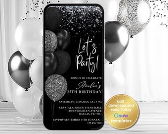 Elegant Black Birthday Invitation – Digital Phone Evite, Canva Template (Instant Download)