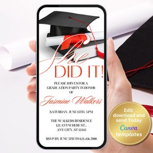 Digital Graduation Party Invitation - She Did It! - Editable Grad Party Phone Invitation - Graduation Celebration Template, Instant Download