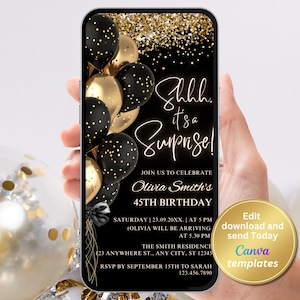 Surprise Birthday Phone Invitation for Any Age, Black and Gold Party Evite, Canva Template