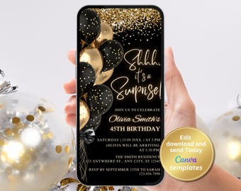 Surprise Birthday Phone Invitation for Any Age, Black and Gold Party Evite, Canva Template