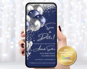 Navy Blue Silver Balloons Save the Date Invitation (Digital Download, Canva Template)