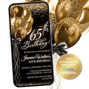 Faire-part de fête numérique or noir 65e anniversaire, anniversaire de la femme, SMS du téléphone, invitation numérique, modèle modifiable, téléchargement immédiat