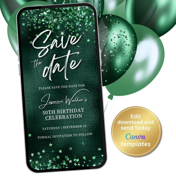 Digital Emerald Green Save The Date Invitation, Green Glitter Invitation, Text Message, Digital Invite, Editable Template, Instant Download