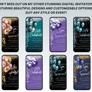May include: Collection of digital birthday invitations displayed on smartphones. Each design features balloons, glitter, and text such as "Surprise!" and "Let's Celebrate!" The invitations are customizable for any event.
