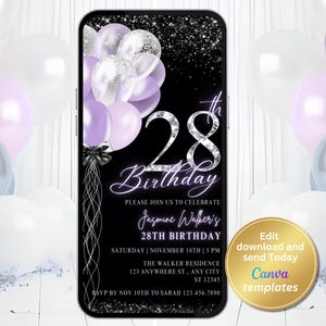 Digital 28th Birthday Party Invitation for Women, Birthday Silver Diamond Numbers, Black Purple Invite, Editable Template, Instant Download
