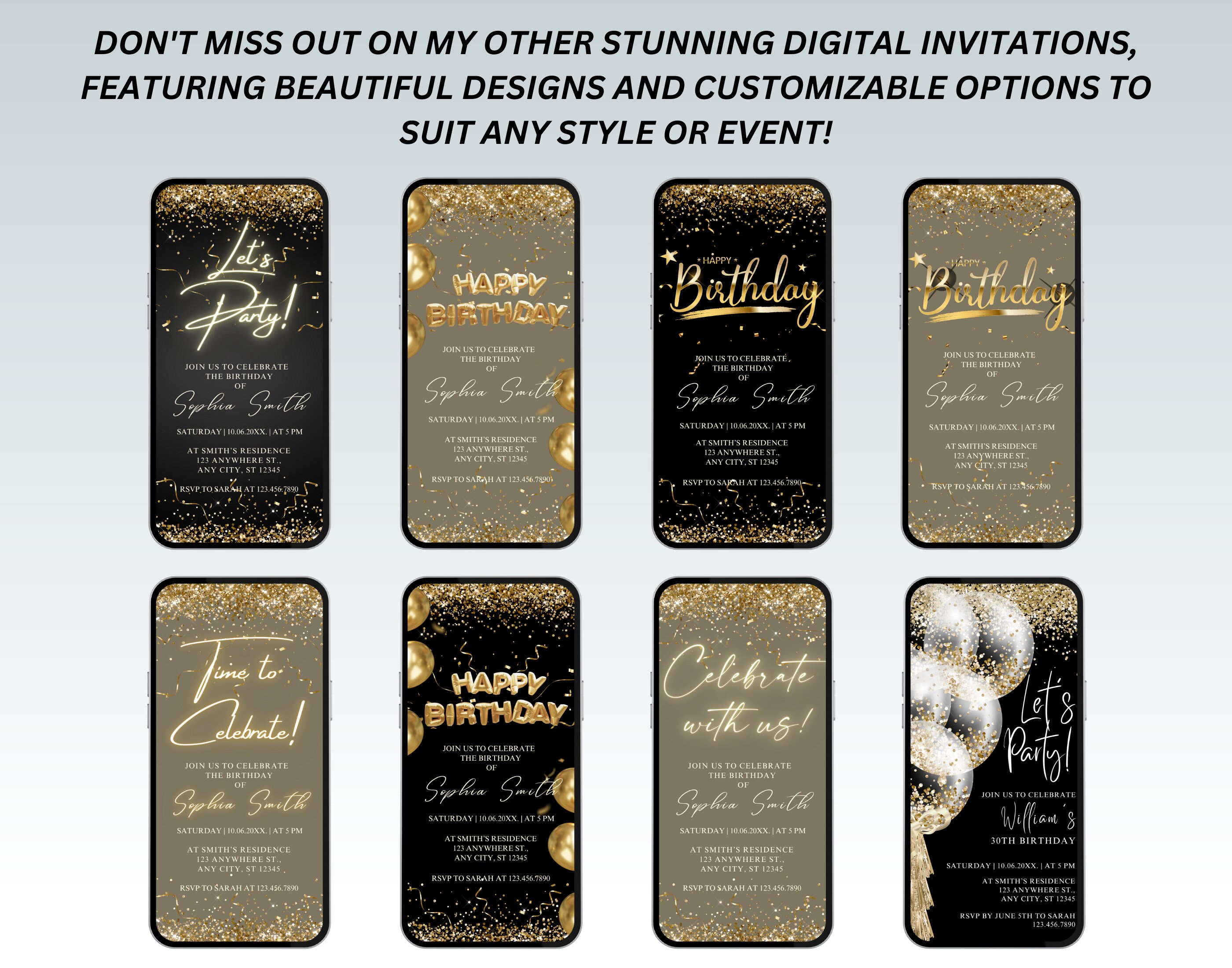 Digital Black Gold Birthday Party Invitation Gold Glitter - Etsy