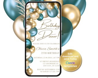 Digital White Teal Gold Birthday Dinner Invitation, Electronic Invite, Phone Text Message Evite, Editable Template, Instant Download