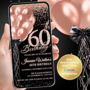Digital 60th Birthday Party Invitation, Black Rose Gold Invite, Phone Text Message, Digital Invite, Editable Template, Instant Download