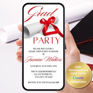 May include: A smartphone screen displaying a graduation party invitation with a red ribbon and a scroll. The invitation is for Jasmine Walkers and includes the date, time, and location of the party. The text on the screen reads "Grad Party" and "Please join us for a graduation party in honor of Jasmine Walkers".