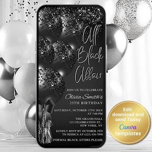 All Black Affair Invitation – Elegant Black Glitter Balloons – Editable Digital Party Invite for Birthday, Dinner or Gala - Instant Download