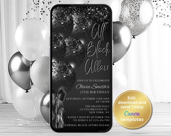 All Black Affair Invitation | Formal Attire Party Phone Template | Editable Black Glitter Balloons Text Message Invite Canva