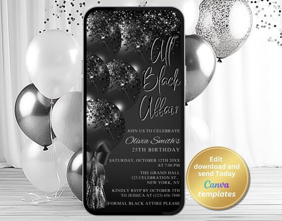 All Black Affair Invitation | Formal Attire Party Phone Template | Editable Black Glitter Balloons Text Message Invite Canva