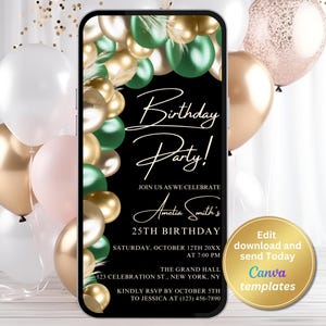 Digital Black Green Gold Birthday Party Invitation, Phone Text Message Evite, Editable Template, Instant Download