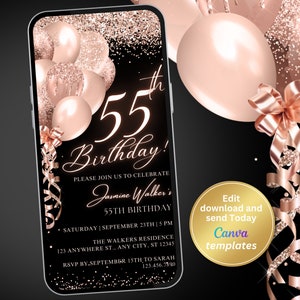Invitación digital para fiesta de 55 cumpleaños, globos con purpurina de oro rosa, invitación para mujer, editable para cualquier edad, descarga instantánea
