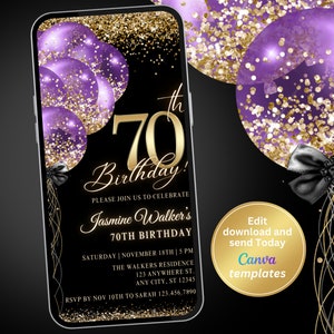Digital 70th Birthday Party Invitation for Women, Black Purple Gold, Text Message, Digital Invite, Editable Template, Instant Download