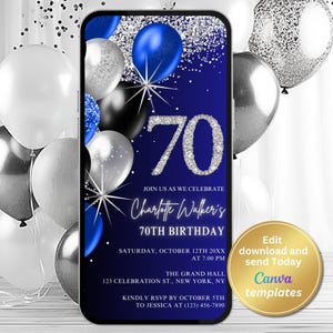 Op de afbeelding: Blauwe en zilveren verjaardagsuitnodiging met een glinsterende 70, ballonnen en de tekst "Vier met ons Charlotte Walkers 70e verjaardag".