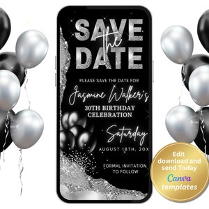 Moderne schwarze Glam-Save The Date Einladung für jede Feier - Glam Silber Achat Akzente - Digital Save the Date Telefon einladen