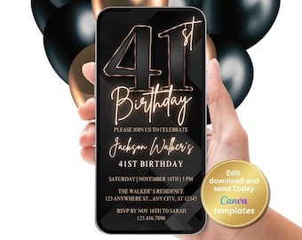 41st Birthday Invitation for Men, Black Gold Digital Invite, Editable Template