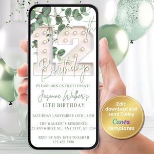 Digital 12th Birthday Party Invitation, Birthday Teen Girl, Phone Text Message, Digital Invite, Editable Template, Instant Download