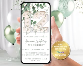 Digital 12th Birthday Party Invitation, Birthday Teen Girl, Editable Template, Instant Download
